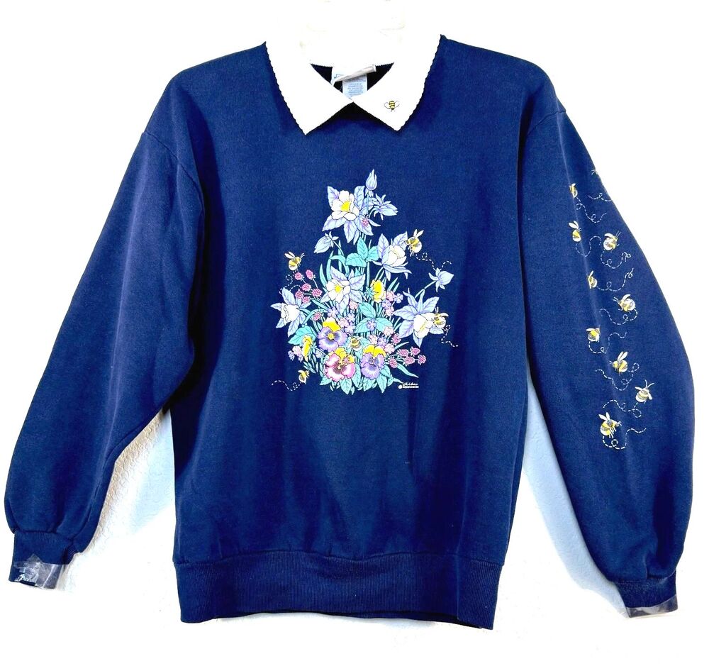 Vintage Morning Sun Sweatshirt M Blue Honey Bee Flowers USA Cottagecore 90s